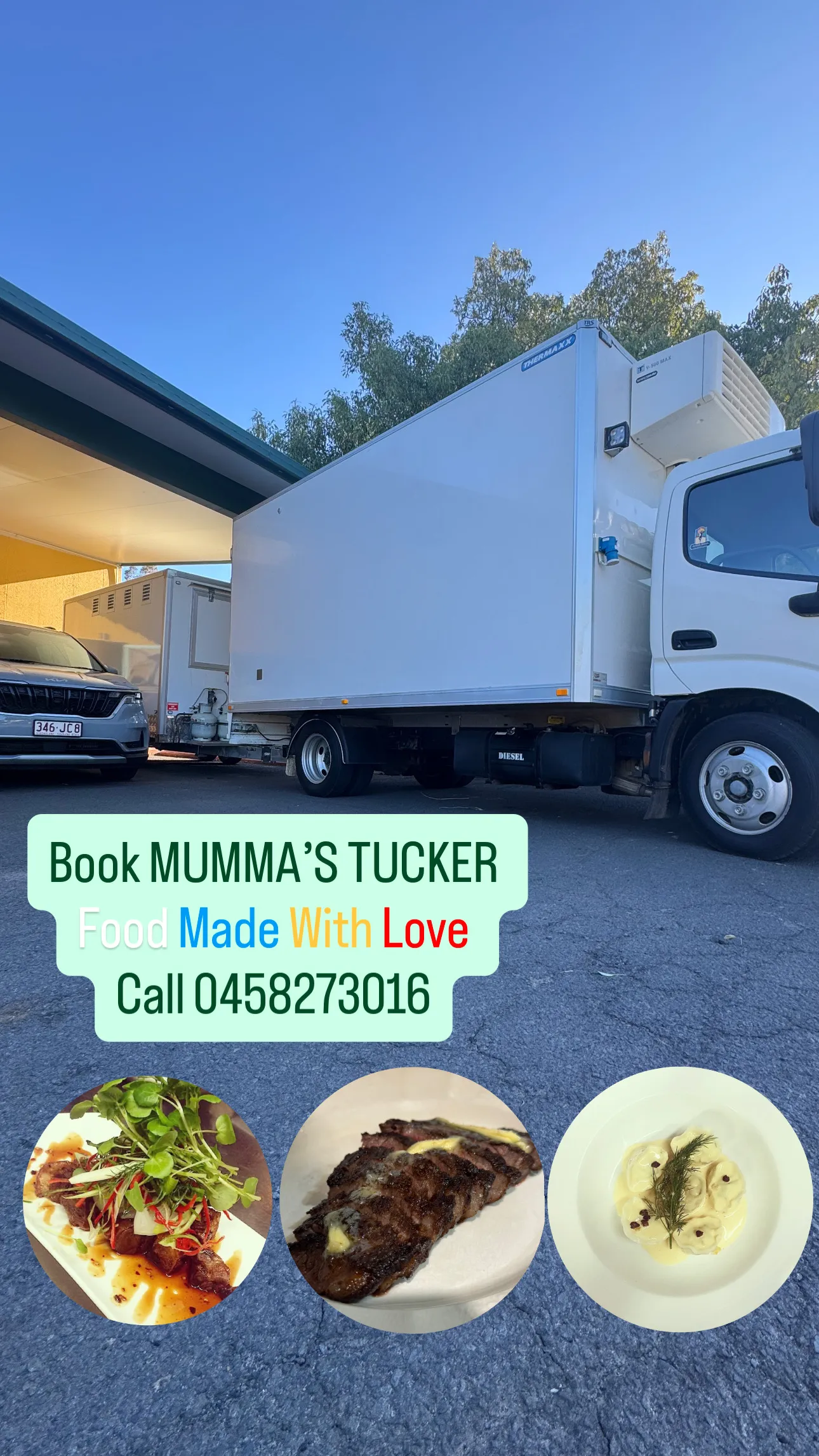 Mumma's Tucker's branded truck and three signature dishes featured in a social-style collage