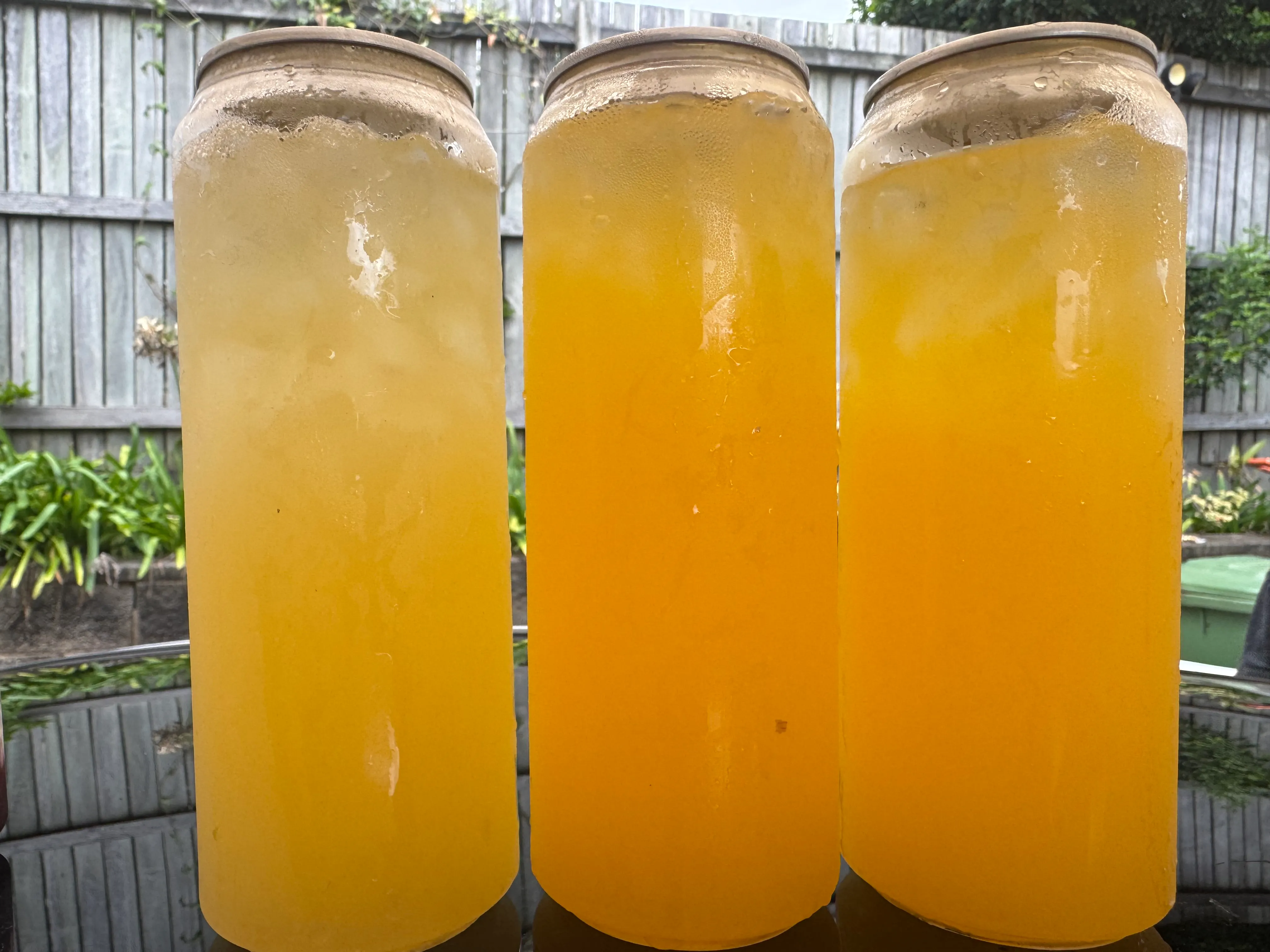 Citrus drinks lined up on a bench